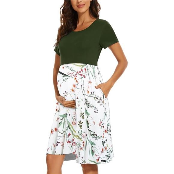 Women's Short Sleeve Maternity Dress Patchwork Pregnancy Clothes with Pockets - Picture 2 of 5